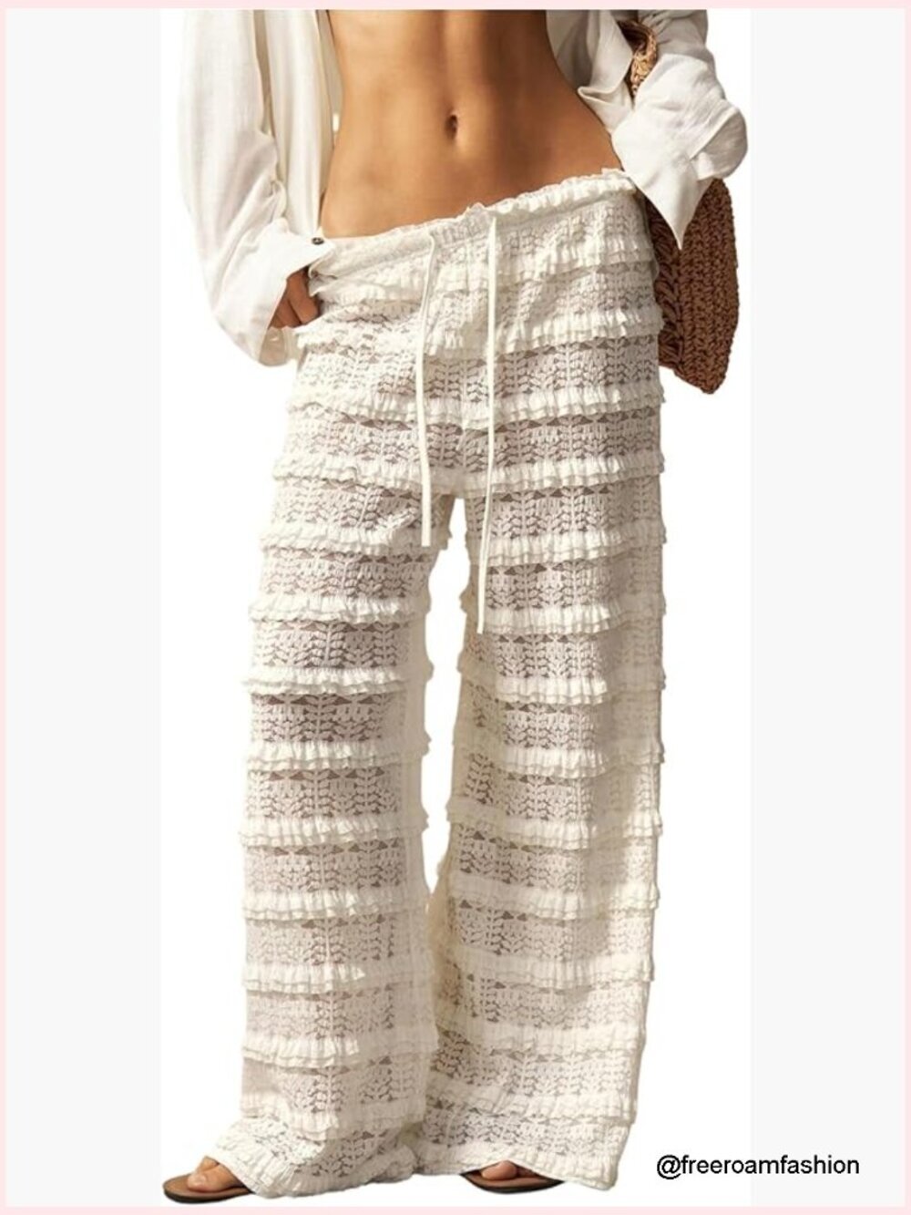 Crochet Lace Pants Ruffle Layered Elastic Waist Mesh Beach Cover Up Wide Leg